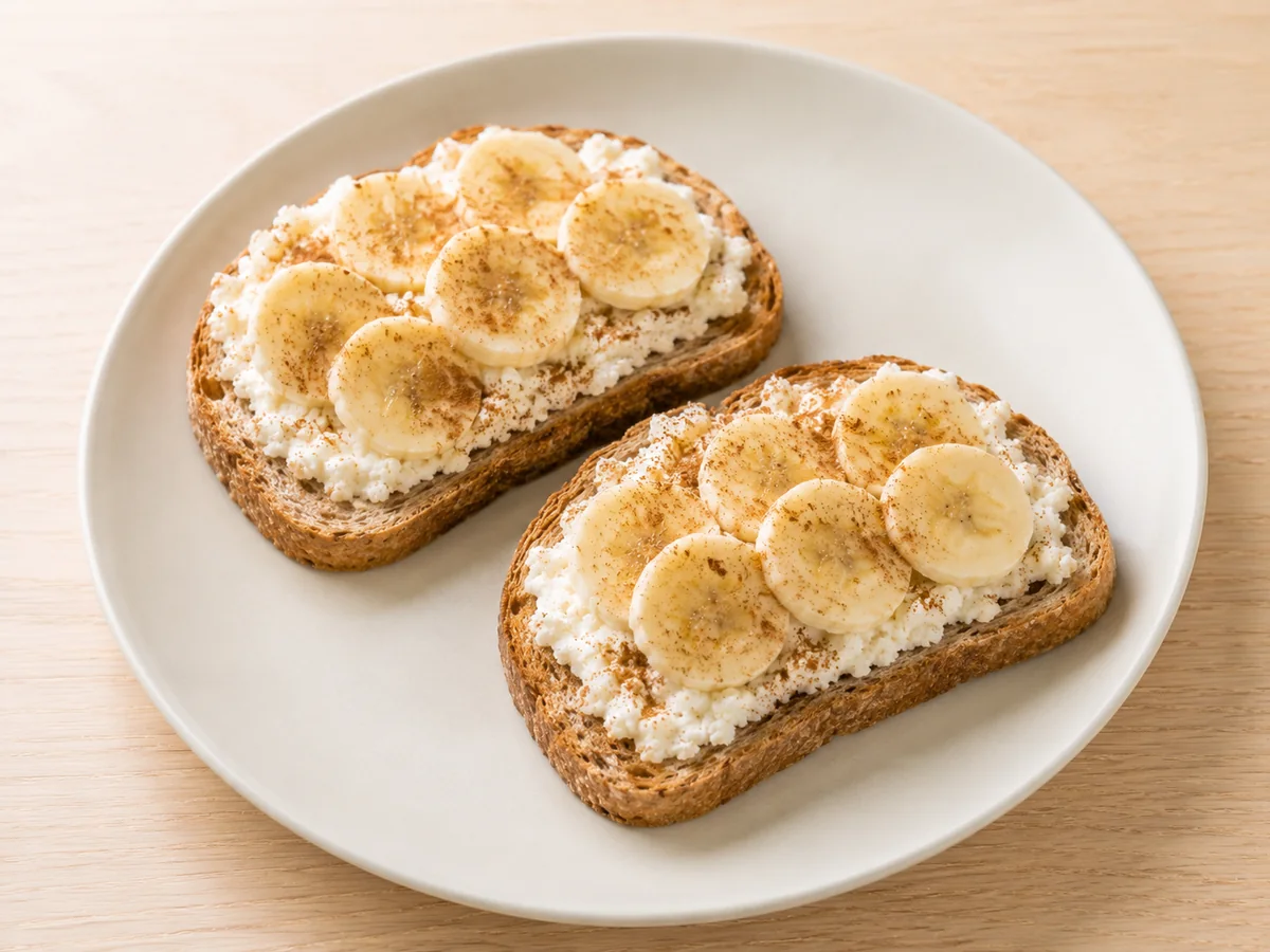 Pão integral com ricota, rodelas de banana e canela