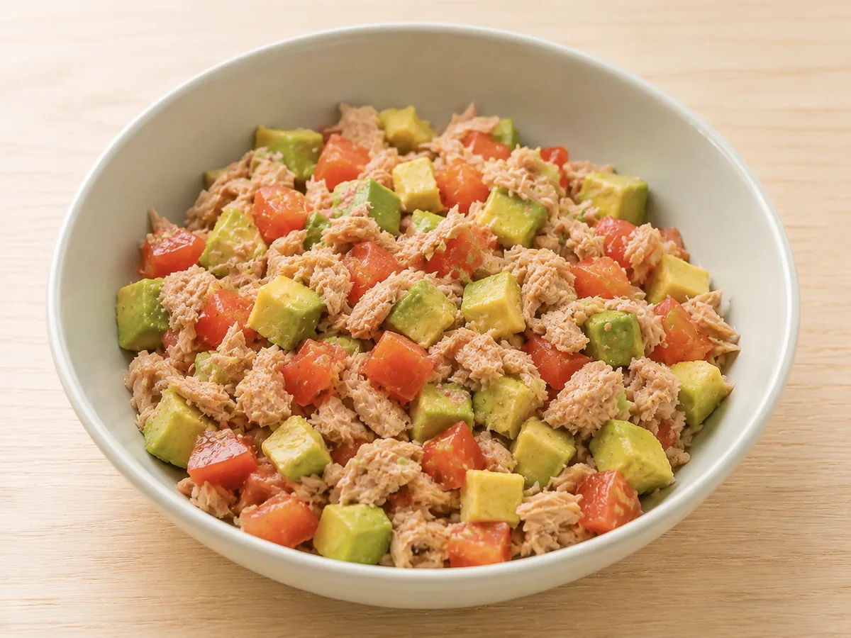Tigela com atum, cubos de abacate e tomate picado