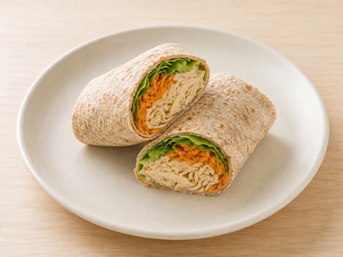 Wrap fechado de frango desfiado com cenoura ralada e alface