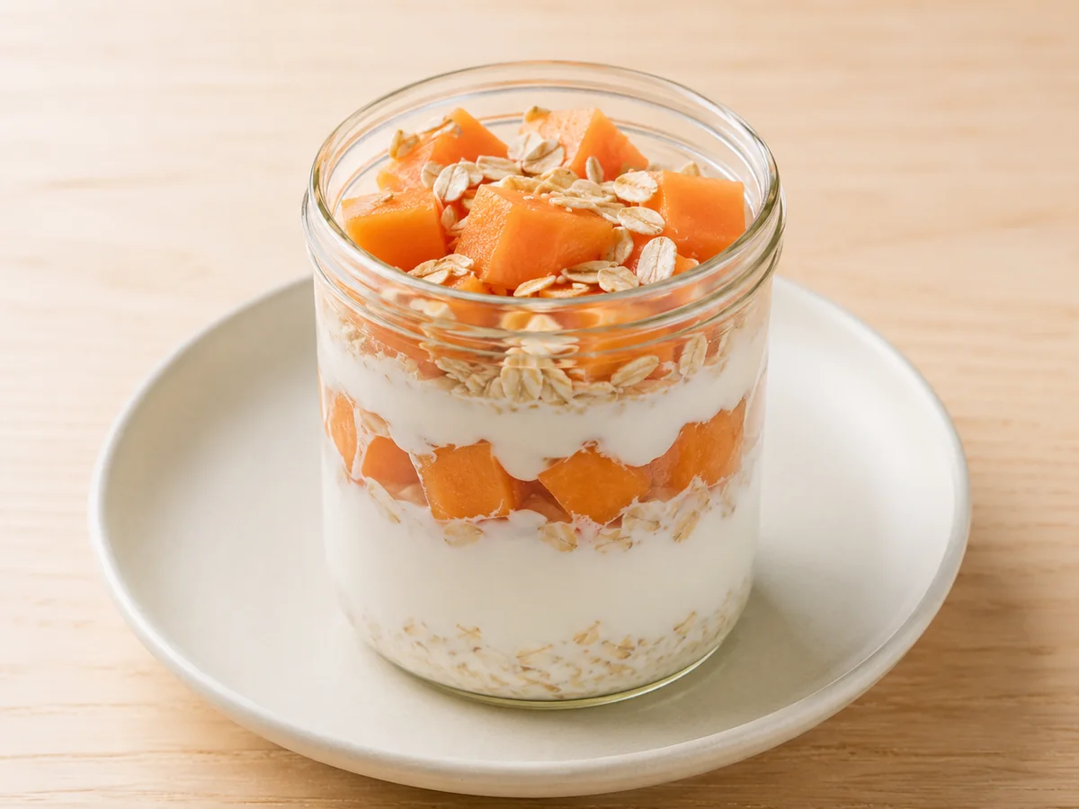 Pote de iogurte natural com cubos de mamão e aveia