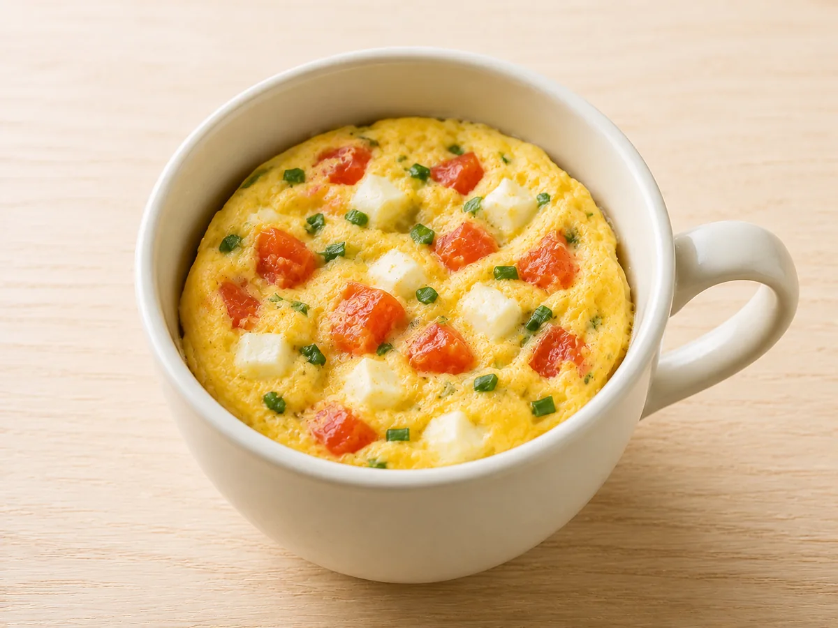 Omelete feito na caneca com tomate picado e queijo