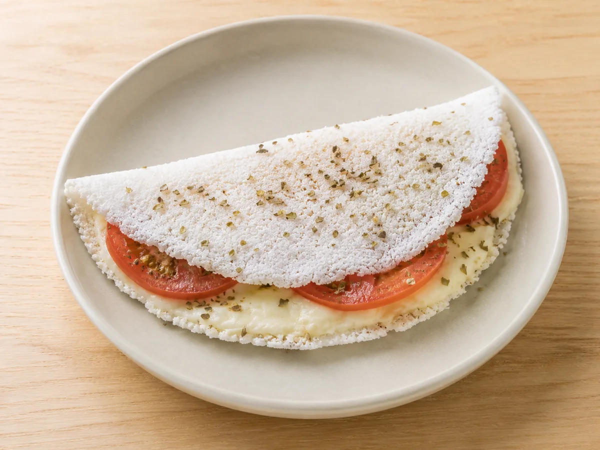 Tapioca dobrada com queijo minas e rodelas de tomate na frigideira