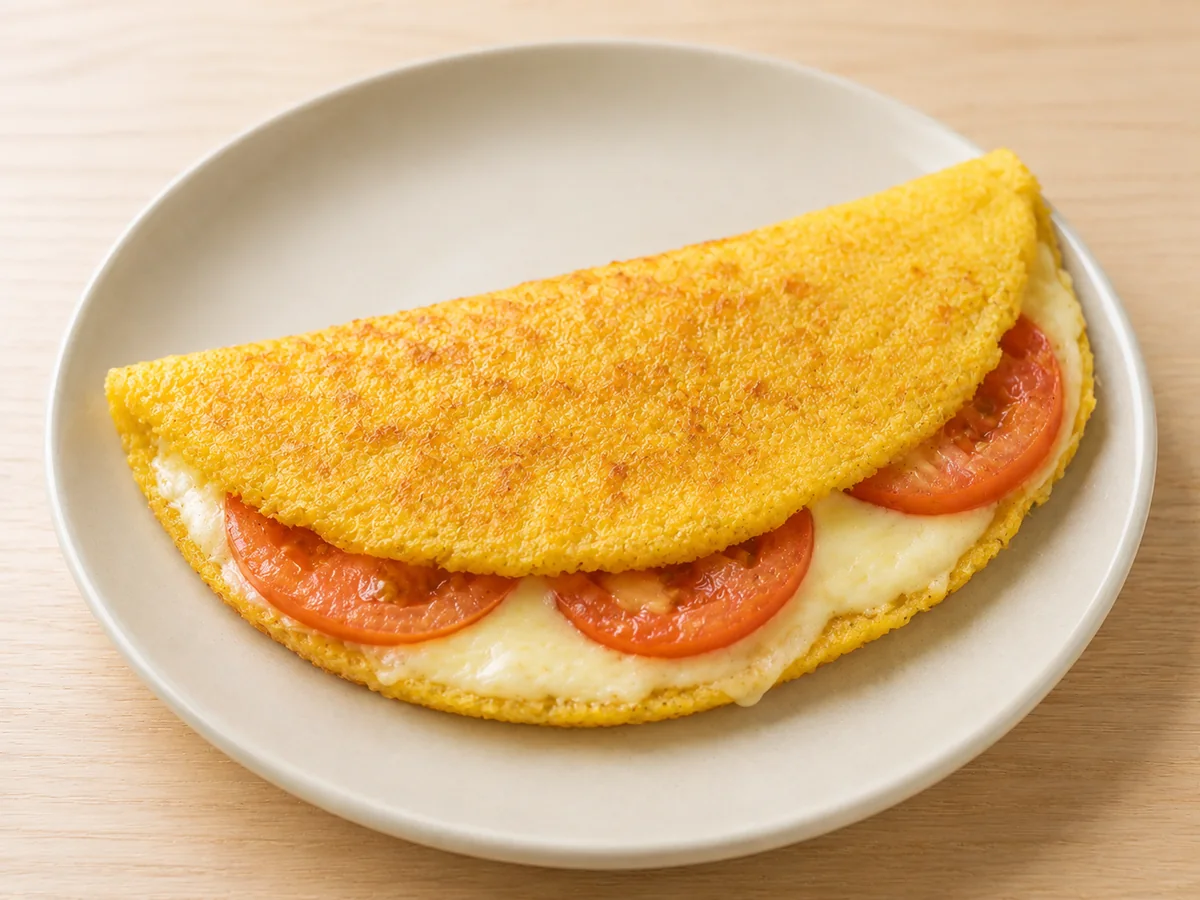 Cuscuz de frigideira dourado com queijo minas e tomate