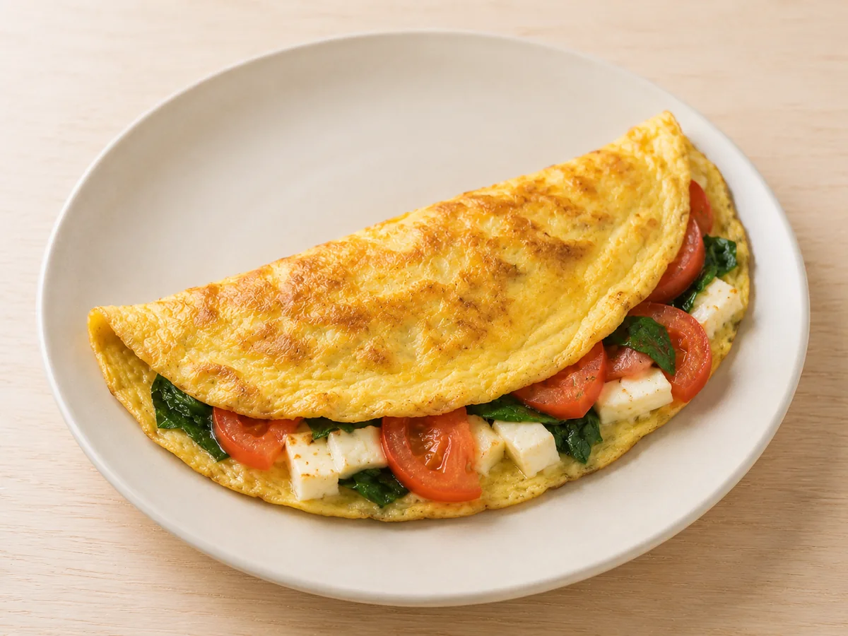 Omelete com tomate, queijo minas e folhas verdes