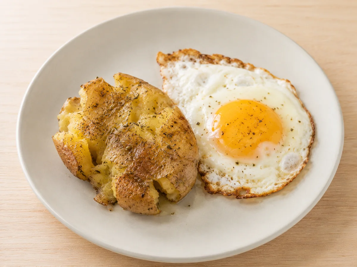 Batata inglesa amassada com azeite e ovo frito ao lado