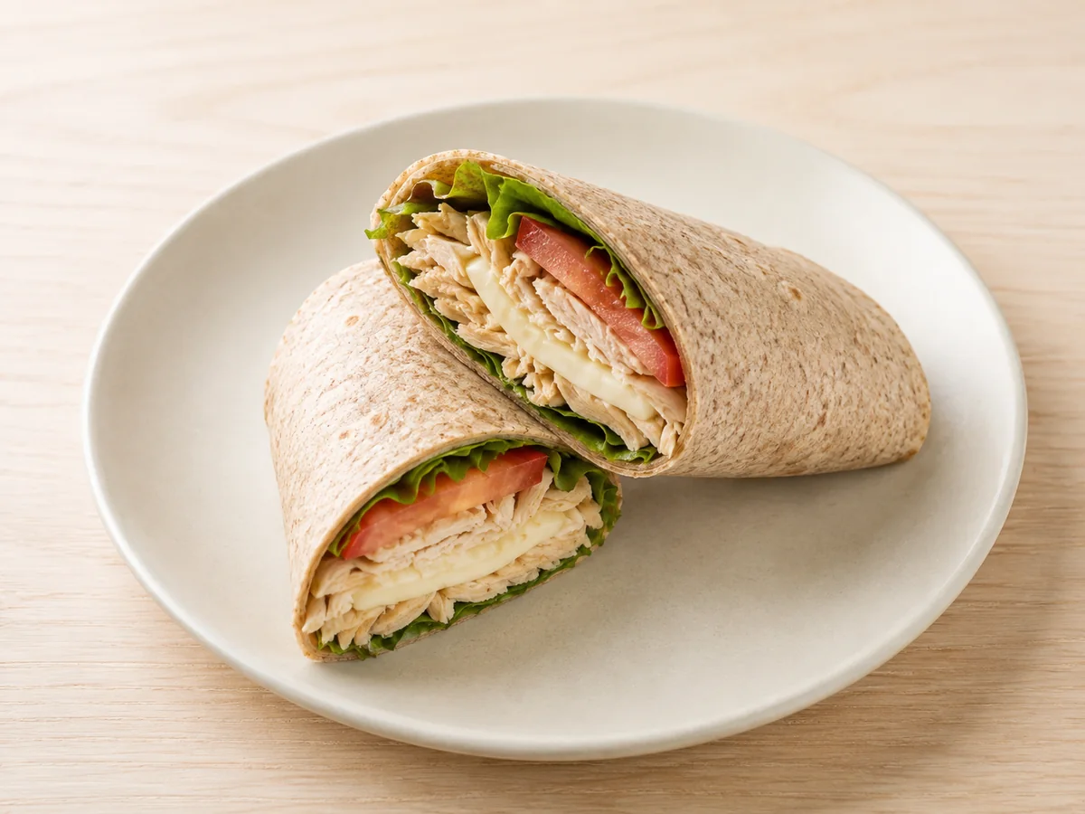 Wrap quente de frango com queijo, folhas e tomate