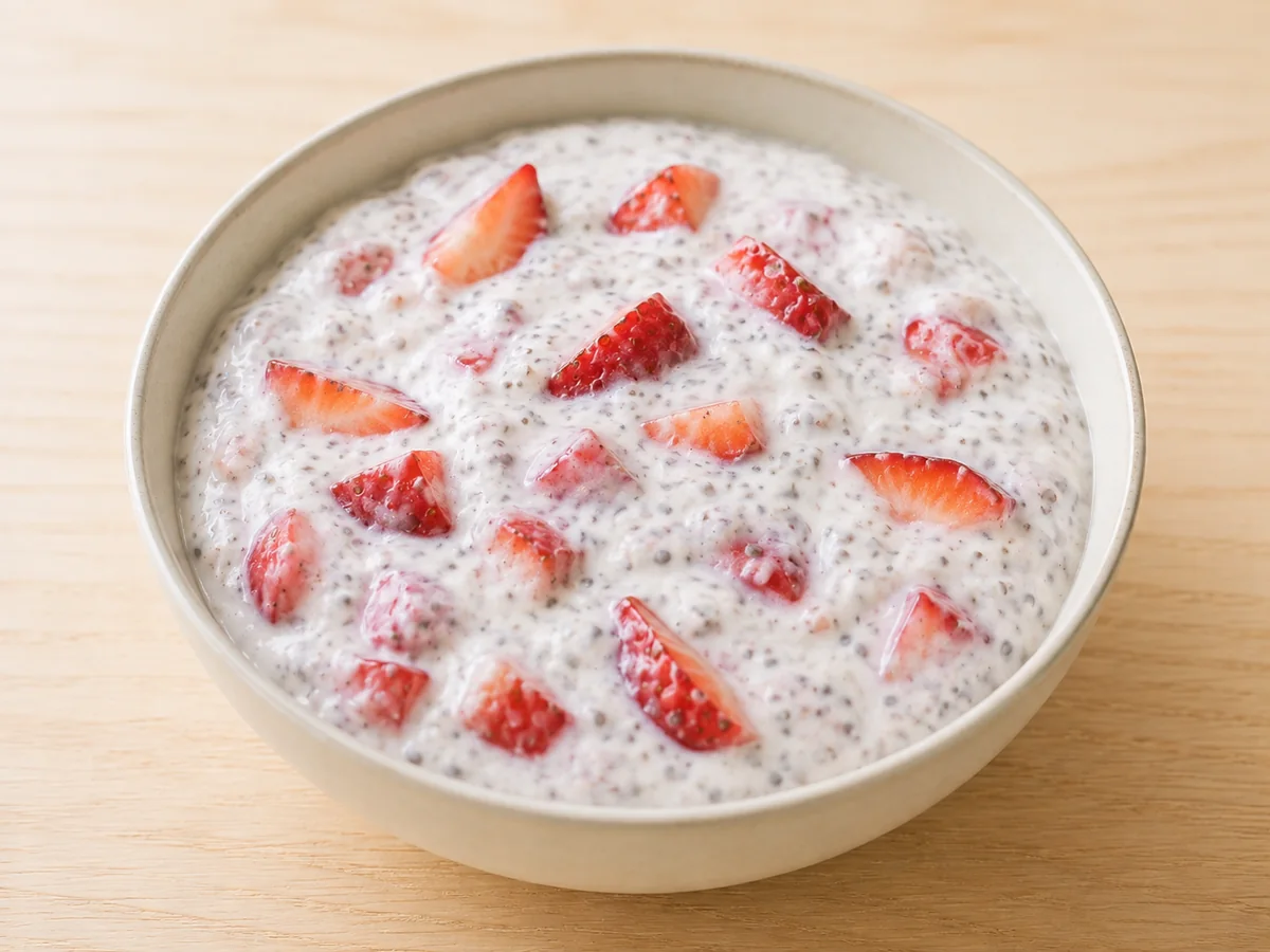 Pote de chia com iogurte e morangos picados