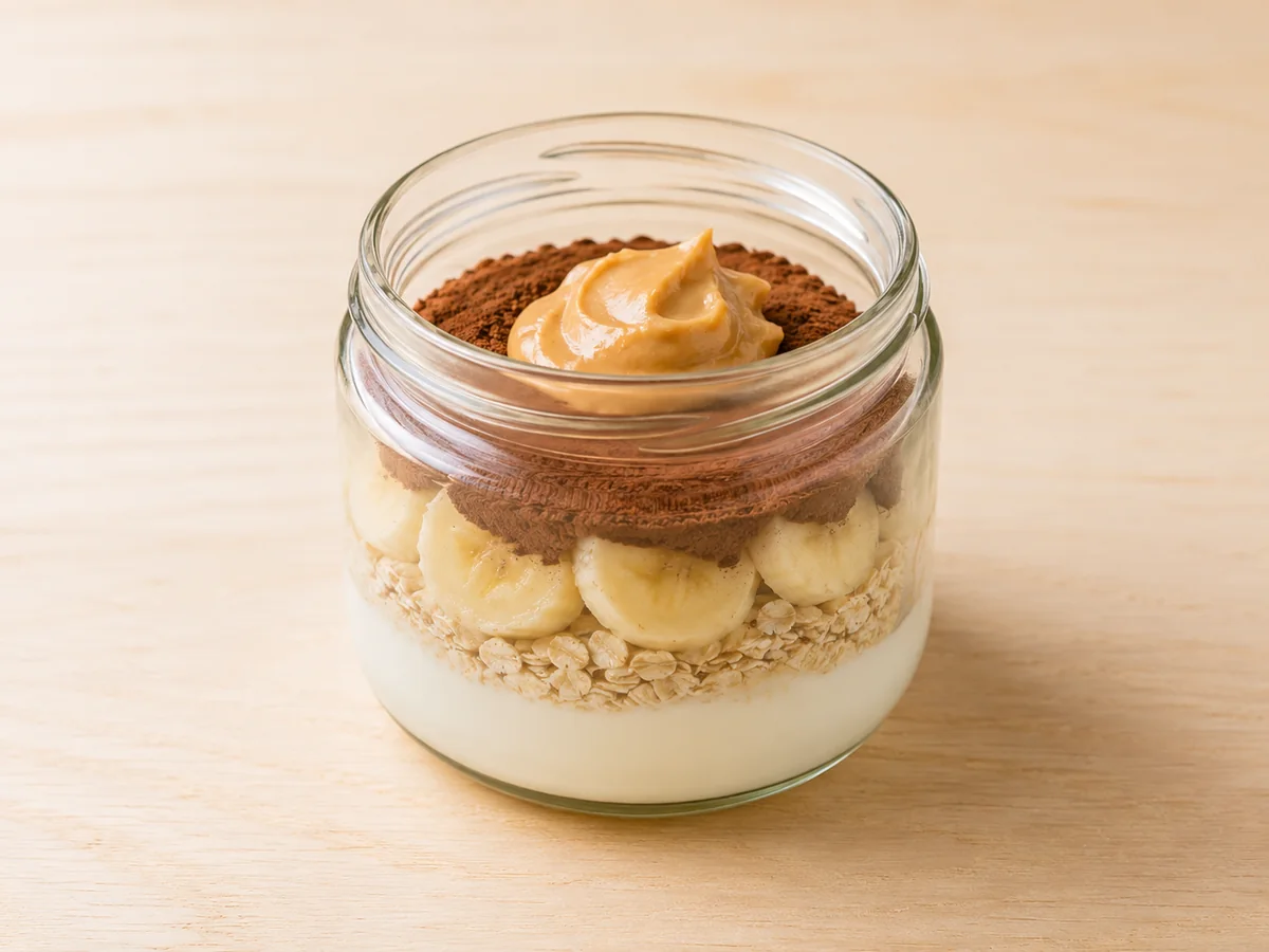 Pote em camadas de iogurte, aveia, banana, cacau e pasta de amendoim