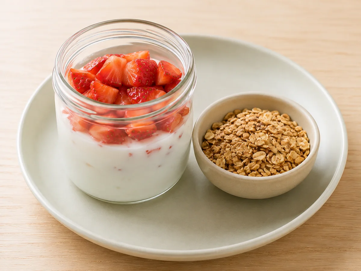 Pote de iogurte natural com granola simples e morangos picados