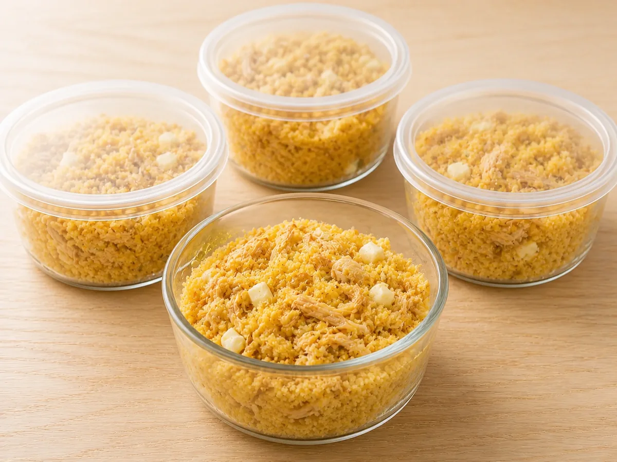 Potes de cuscuz de flocão de milho com frango desfiado e queijo