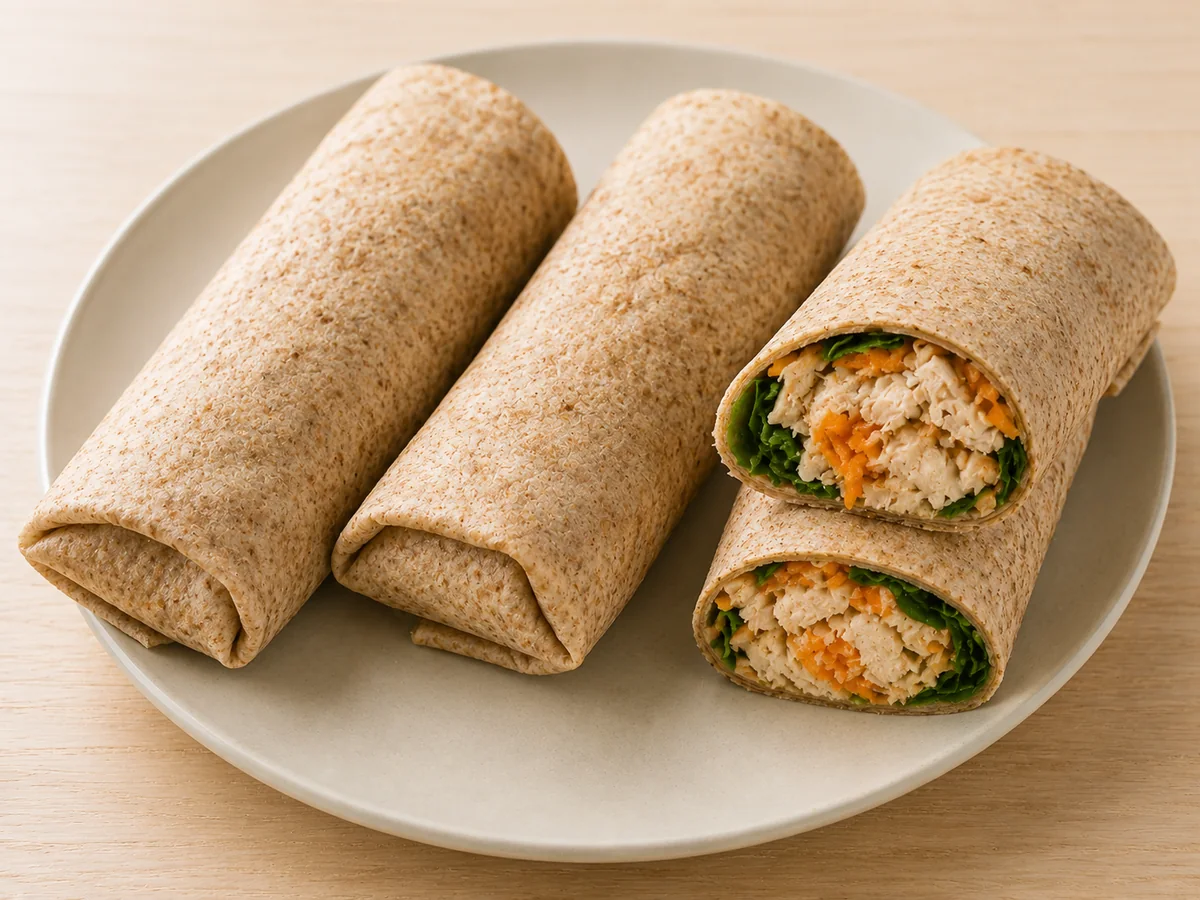 Três wraps de frango com creme de ricota e cenoura ralada